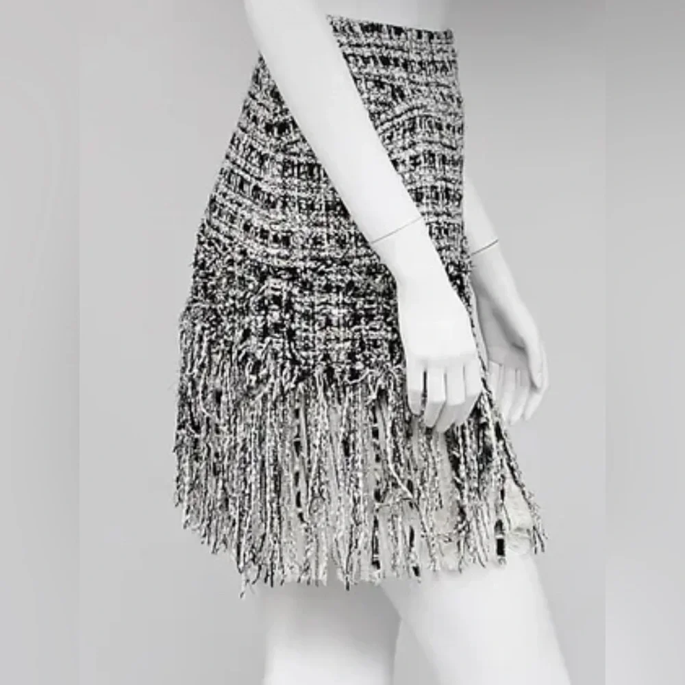 CHANEL Black and White Tweed Fringe and silk chiffon Mini Skirt 40 NO OFFERS